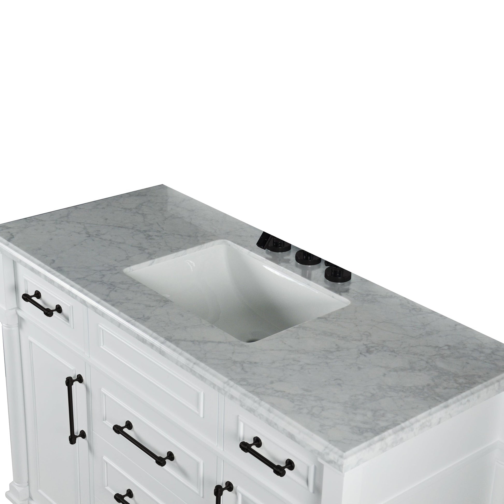 Bellaterra Home Napa 48" 2-Door 4-Drawer White Freestanding Vanity Set With Ceramic Undermount Rectangular Sink and White Carrara Marble Top, and Black Hardware