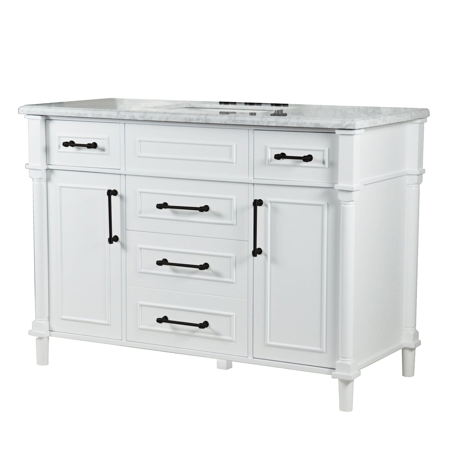 Bellaterra Home Napa 48" 2-Door 4-Drawer White Freestanding Vanity Set With Ceramic Undermount Rectangular Sink and White Carrara Marble Top, and Black Hardware