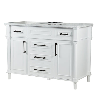 Bellaterra Home Napa 48" 2-Door 4-Drawer White Freestanding Vanity Set With Ceramic Undermount Rectangular Sink and White Carrara Marble Top, and Black Hardware