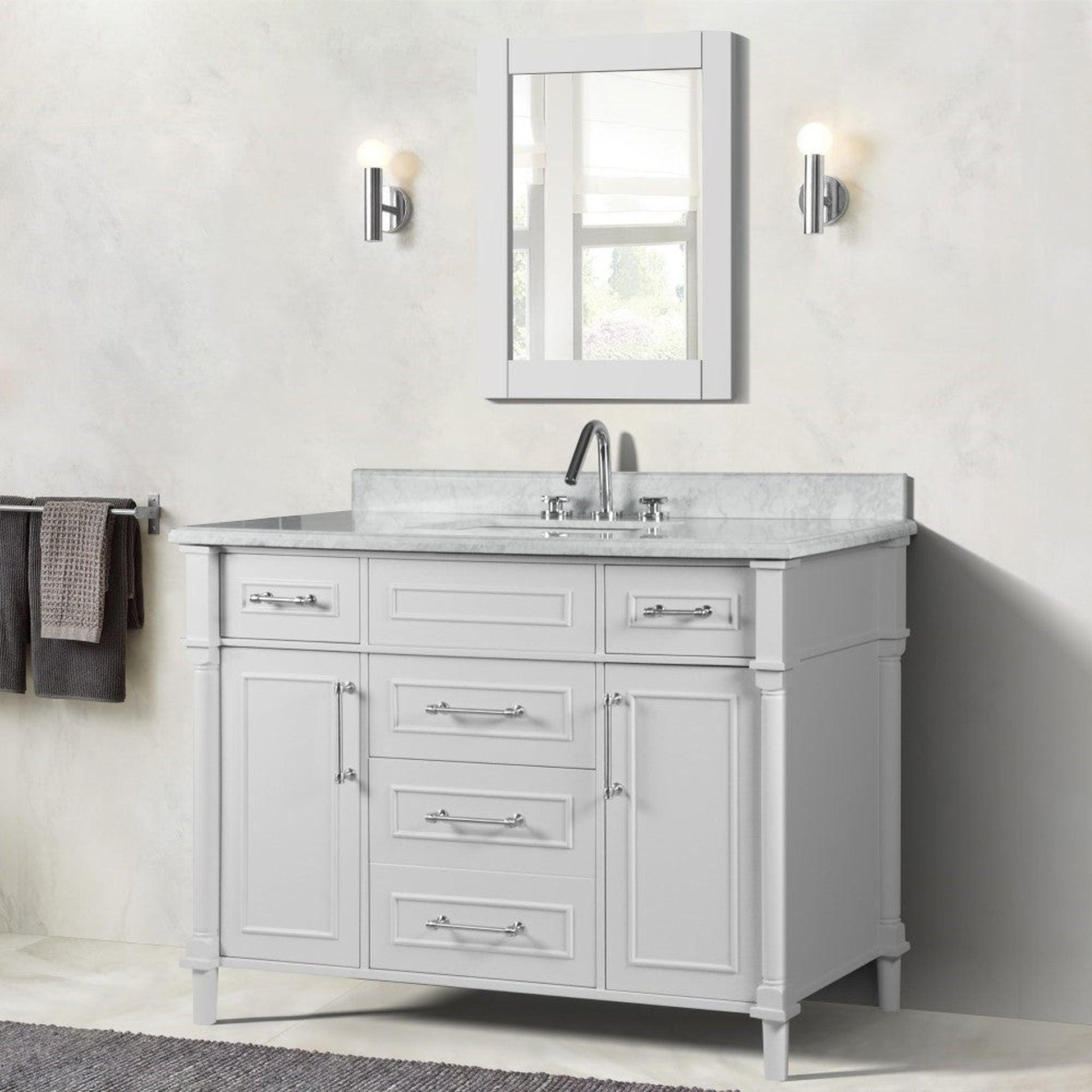 Bellaterra Home Napa 48" 2-Door 4-Drawer White Freestanding Vanity Set With Ceramic Undermount Rectangular Sink and White Carrara Marble Top, and Brushed Nickel Hardware