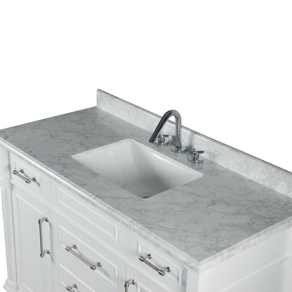 Bellaterra Home Napa 48" 2-Door 4-Drawer White Freestanding Vanity Set With Ceramic Undermount Rectangular Sink and White Carrara Marble Top, and Brushed Nickel Hardware