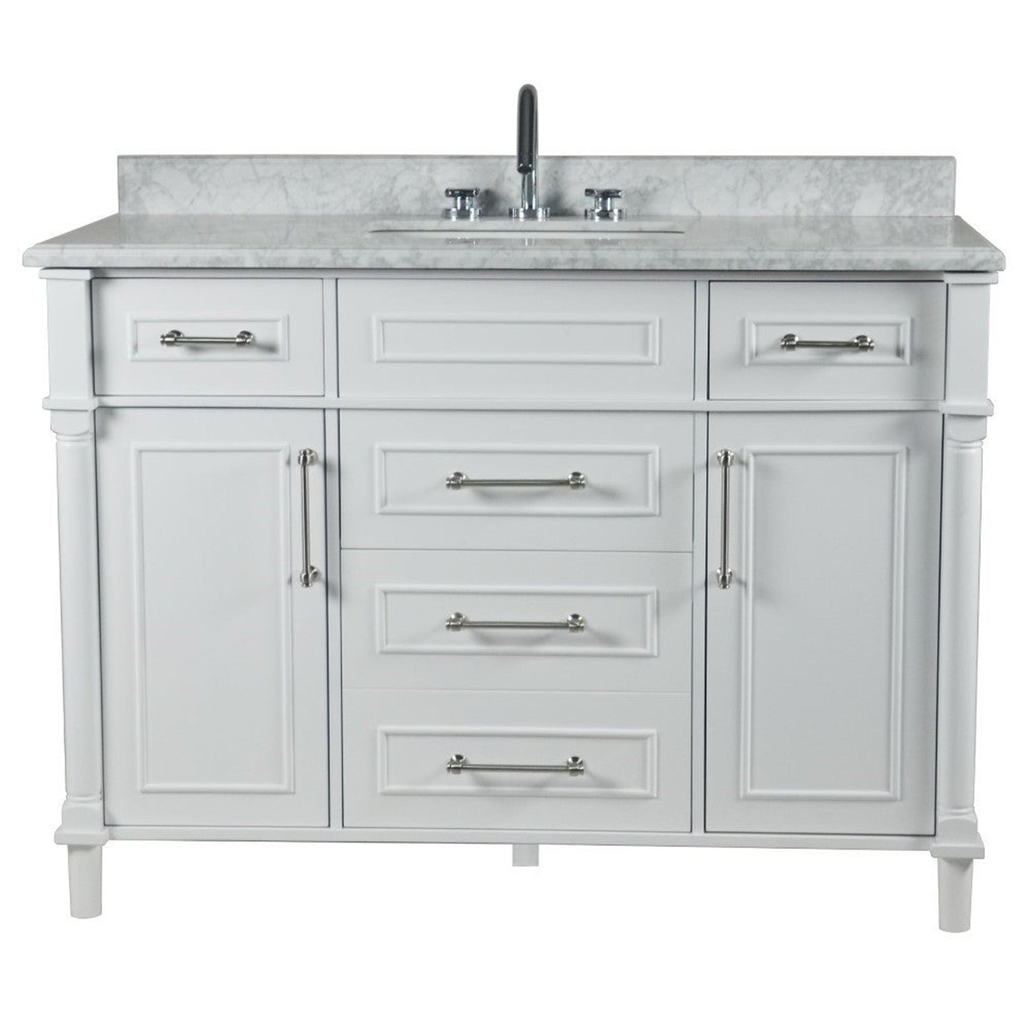 Bellaterra Home Napa 48" 2-Door 4-Drawer White Freestanding Vanity Set With Ceramic Undermount Rectangular Sink and White Carrara Marble Top, and Brushed Nickel Hardware