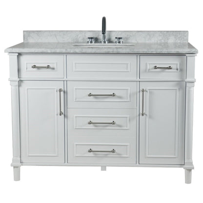 Bellaterra Home Napa 48" 2-Door 4-Drawer White Freestanding Vanity Set With Ceramic Undermount Rectangular Sink and White Carrara Marble Top, and Brushed Nickel Hardware