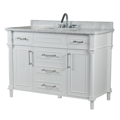 Bellaterra Home Napa 48" 2-Door 4-Drawer White Freestanding Vanity Set With Ceramic Undermount Rectangular Sink and White Carrara Marble Top, and Brushed Nickel Hardware