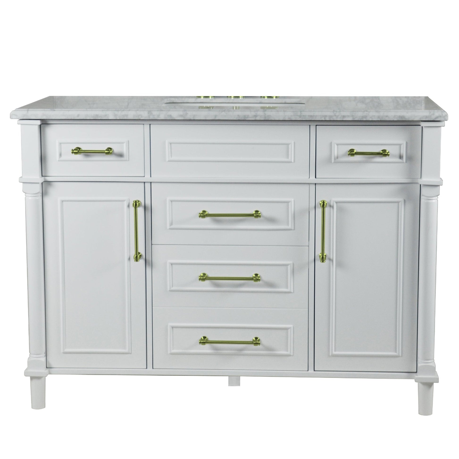 Bellaterra Home Napa 48" 2-Door 4-Drawer White Freestanding Vanity Set With Ceramic Undermount Rectangular Sink and White Carrara Marble Top, and Gold Hardware