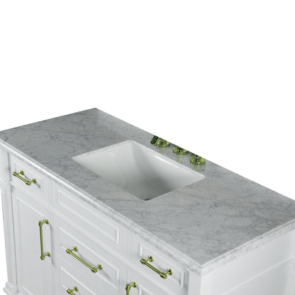 Bellaterra Home Napa 48" 2-Door 4-Drawer White Freestanding Vanity Set With Ceramic Undermount Rectangular Sink and White Carrara Marble Top, and Gold Hardware