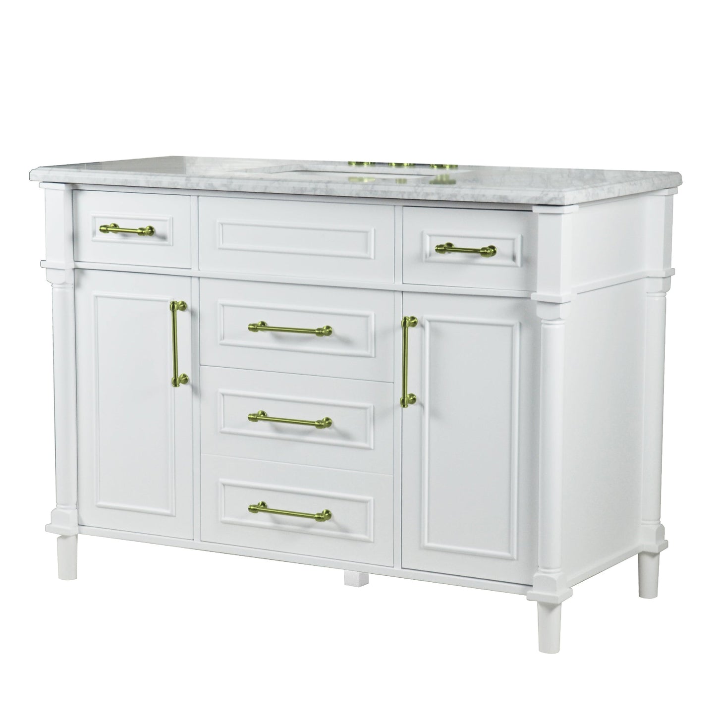 Bellaterra Home Napa 48" 2-Door 4-Drawer White Freestanding Vanity Set With Ceramic Undermount Rectangular Sink and White Carrara Marble Top, and Gold Hardware