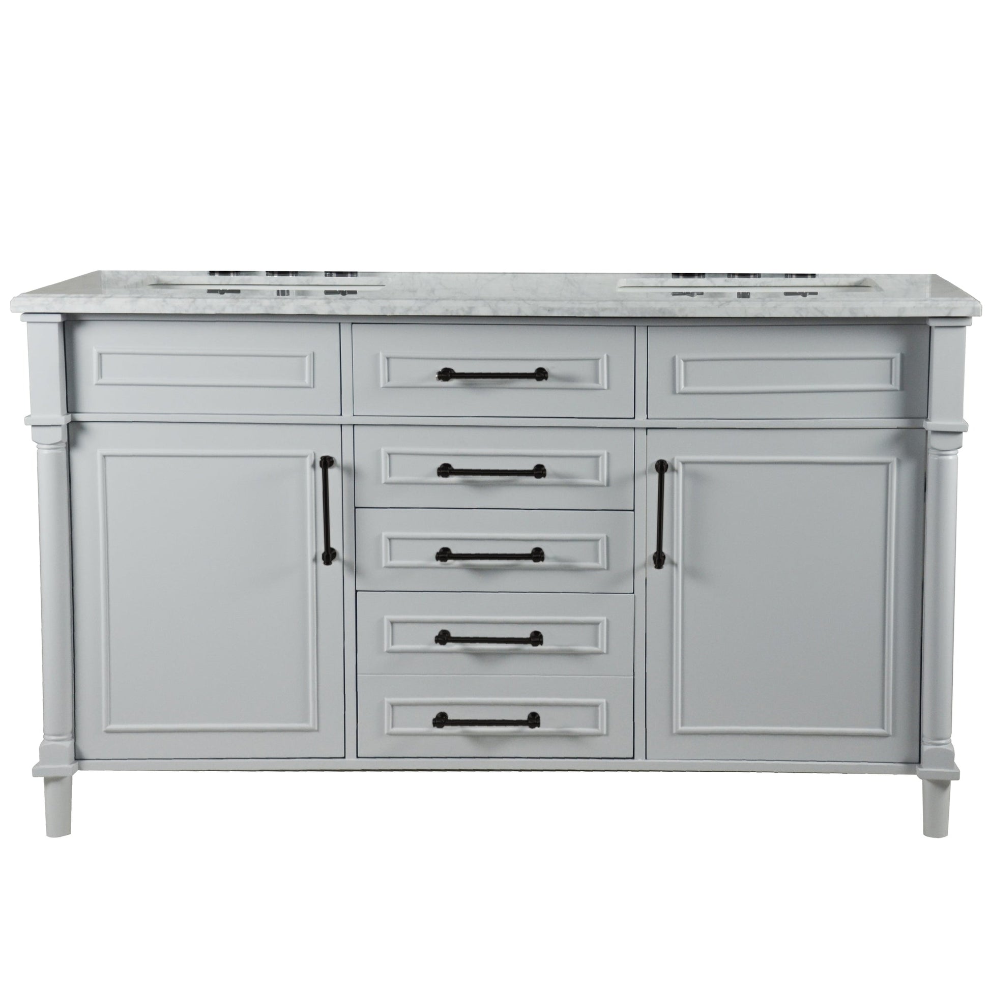 Bellaterra Home Napa 60" 2-Door 4-Drawer Gray Freestanding Vanity Set With Ceramic Undermount Rectangular Sink and White Carrara Marble Top, and Black Hardware