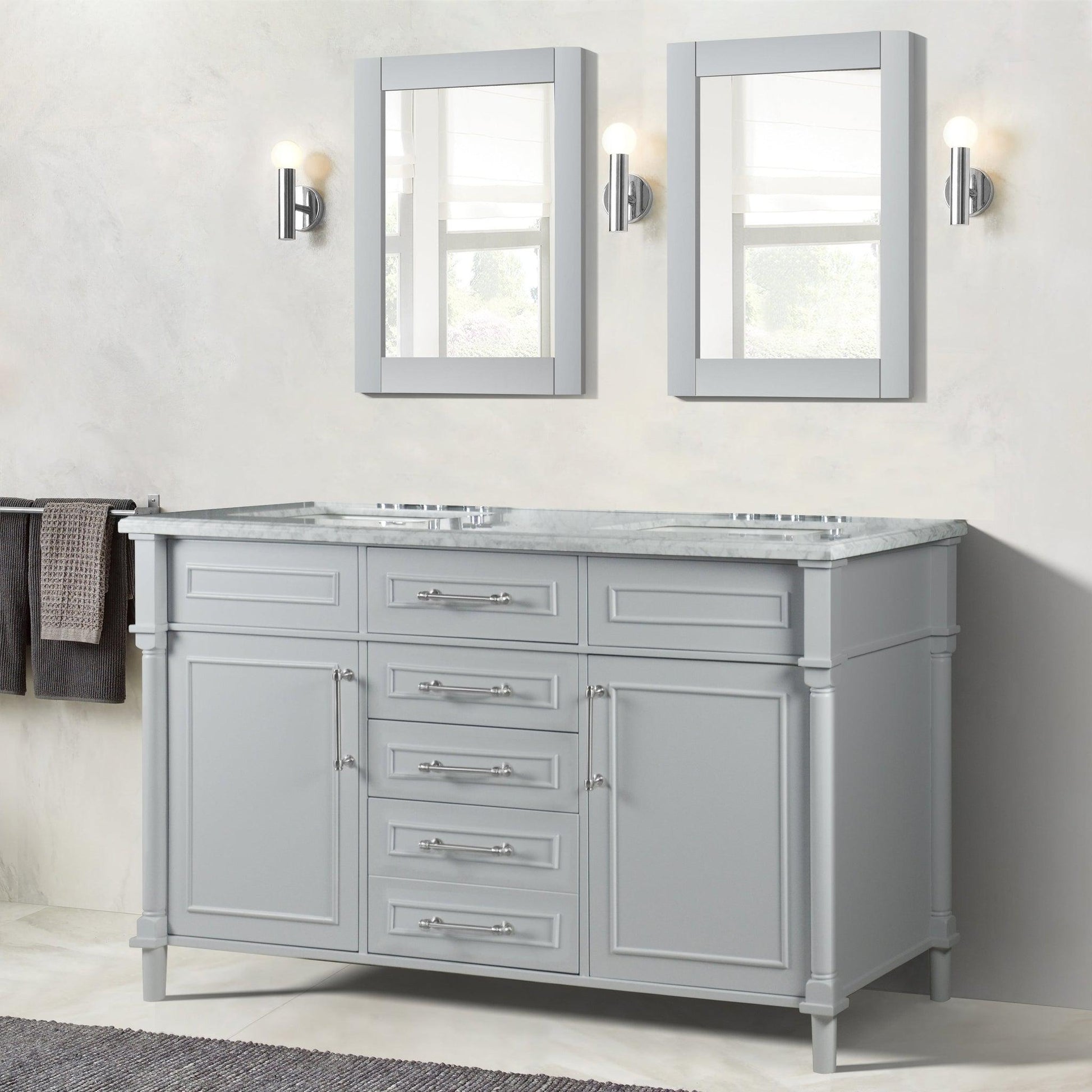 Bellaterra Home Napa 60" 2-Door 4-Drawer Gray Freestanding Vanity Set With Ceramic Undermount Rectangular Sink and White Carrara Marble Top, and Brushed Nickel Hardware