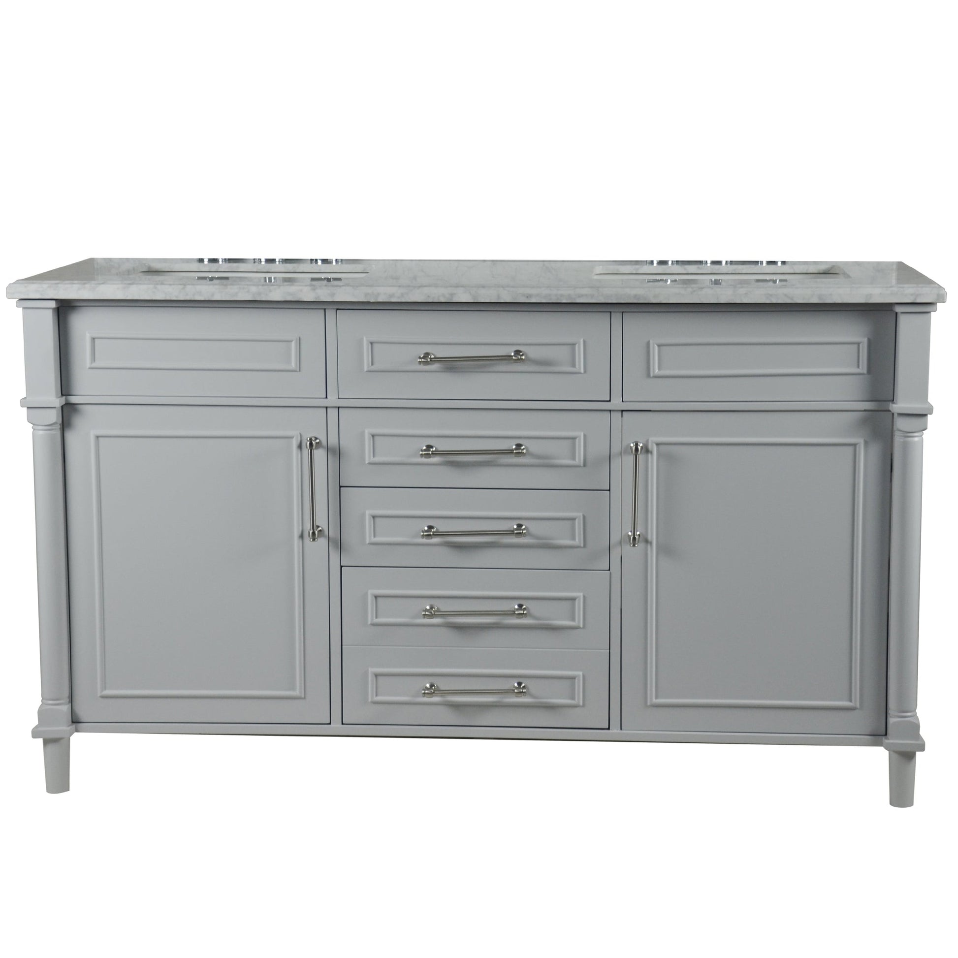 Bellaterra Home Napa 60" 2-Door 4-Drawer Gray Freestanding Vanity Set With Ceramic Undermount Rectangular Sink and White Carrara Marble Top, and Brushed Nickel Hardware