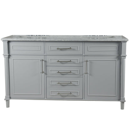 Bellaterra Home Napa 60" 2-Door 4-Drawer Gray Freestanding Vanity Set With Ceramic Undermount Rectangular Sink and White Carrara Marble Top, and Brushed Nickel Hardware