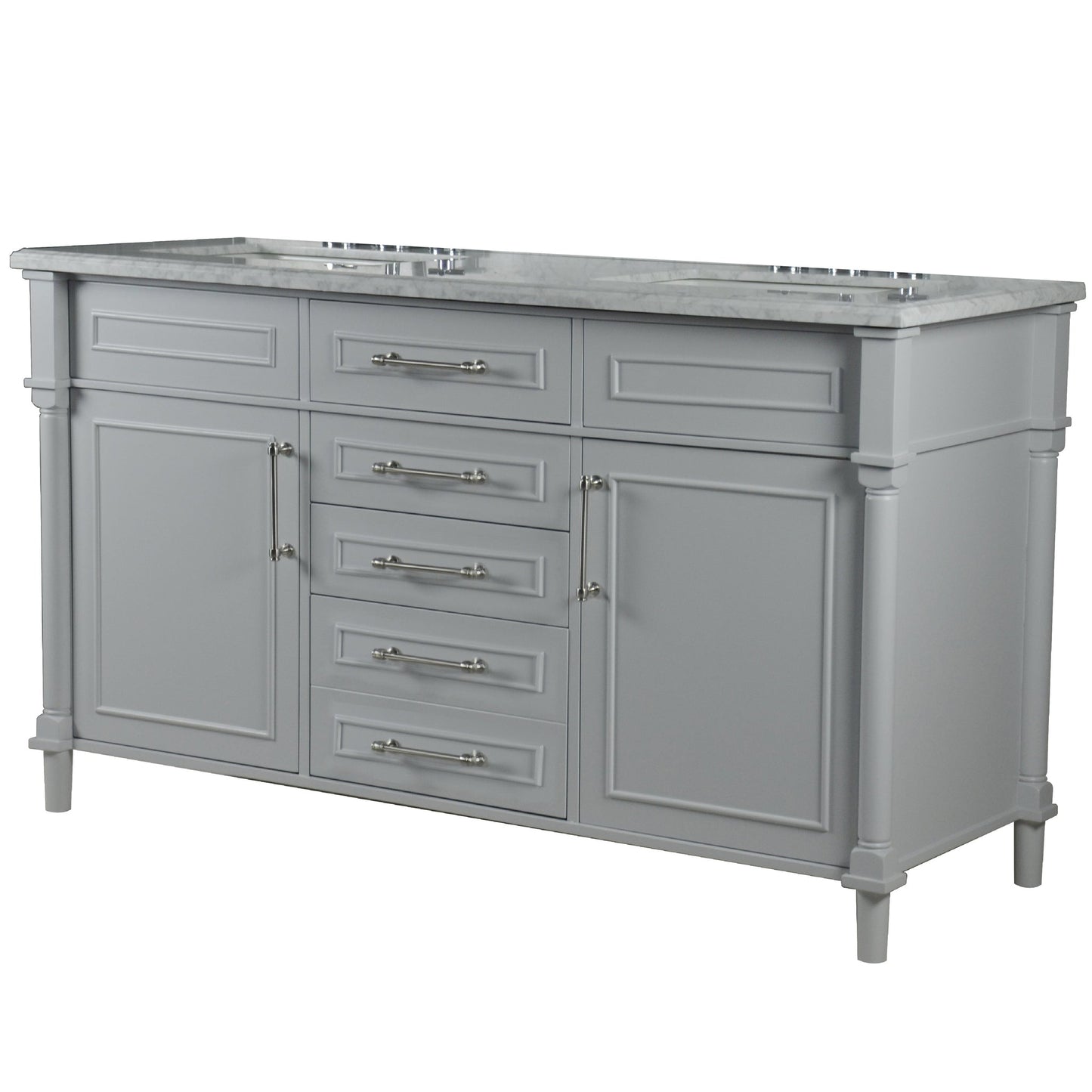 Bellaterra Home Napa 60" 2-Door 4-Drawer Gray Freestanding Vanity Set With Ceramic Undermount Rectangular Sink and White Carrara Marble Top, and Brushed Nickel Hardware