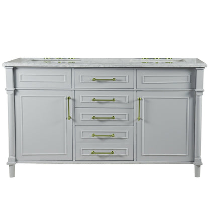 Bellaterra Home Napa 60" 2-Door 4-Drawer Gray Freestanding Vanity Set With Ceramic Undermount Rectangular Sink and White Carrara Marble Top, and Gold Hardware