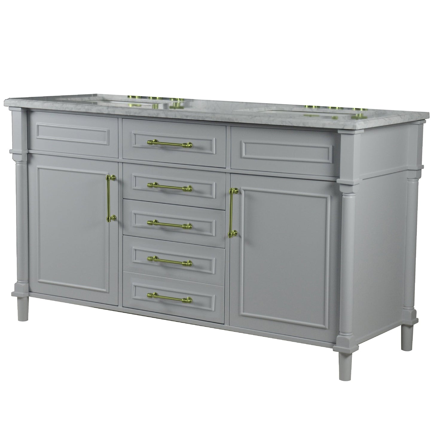Bellaterra Home Napa 60" 2-Door 4-Drawer Gray Freestanding Vanity Set With Ceramic Undermount Rectangular Sink and White Carrara Marble Top, and Gold Hardware