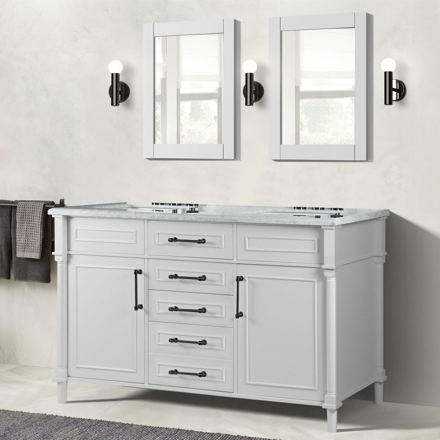 Bellaterra Home Napa 60" 2-Door 4-Drawer White Freestanding Vanity Set With Ceramic Undermount Rectangular Sink and White Carrara Marble Top, and Black Hardware