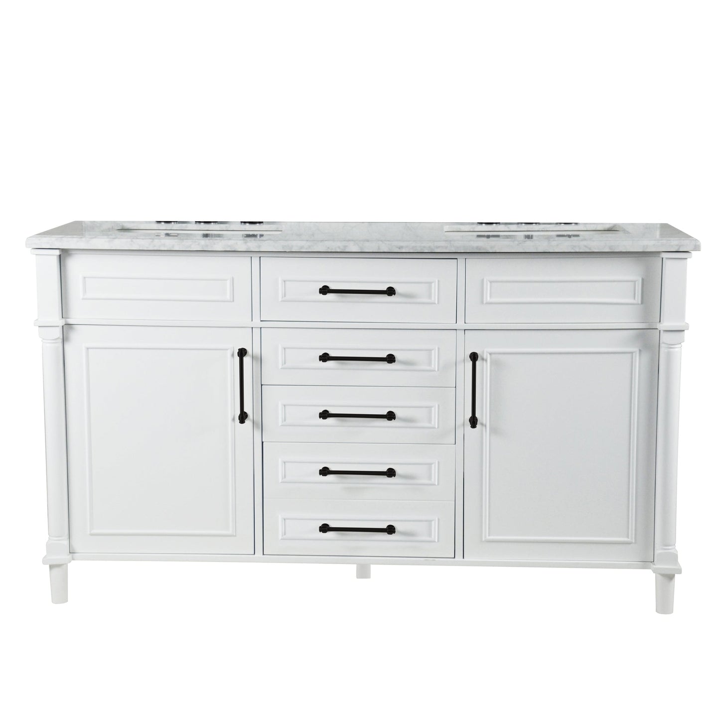 Bellaterra Home Napa 60" 2-Door 4-Drawer White Freestanding Vanity Set With Ceramic Undermount Rectangular Sink and White Carrara Marble Top, and Black Hardware