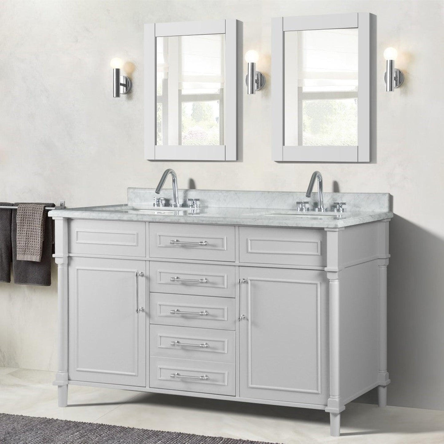 Bellaterra Home Napa 60" 2-Door 4-Drawer White Freestanding Vanity Set With Ceramic Undermount Rectangular Sink and White Carrara Marble Top, and Brushed Nickel Hardware