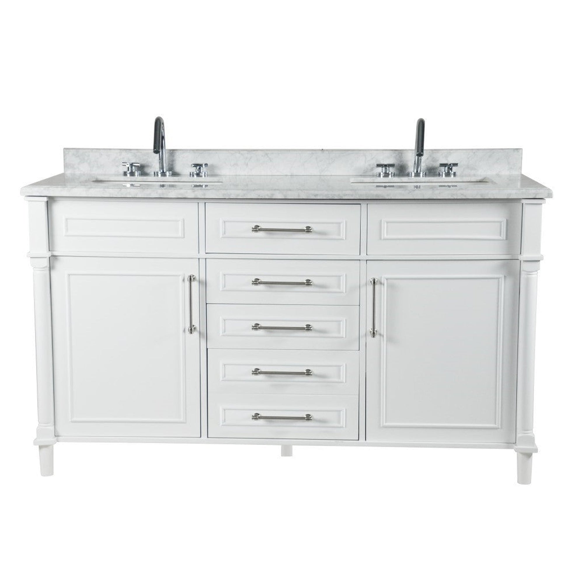 Bellaterra Home Napa 60" 2-Door 4-Drawer White Freestanding Vanity Set With Ceramic Undermount Rectangular Sink and White Carrara Marble Top, and Brushed Nickel Hardware