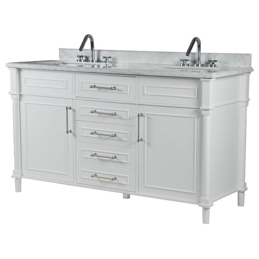 Bellaterra Home Napa 60" 2-Door 4-Drawer White Freestanding Vanity Set With Ceramic Undermount Rectangular Sink and White Carrara Marble Top, and Brushed Nickel Hardware