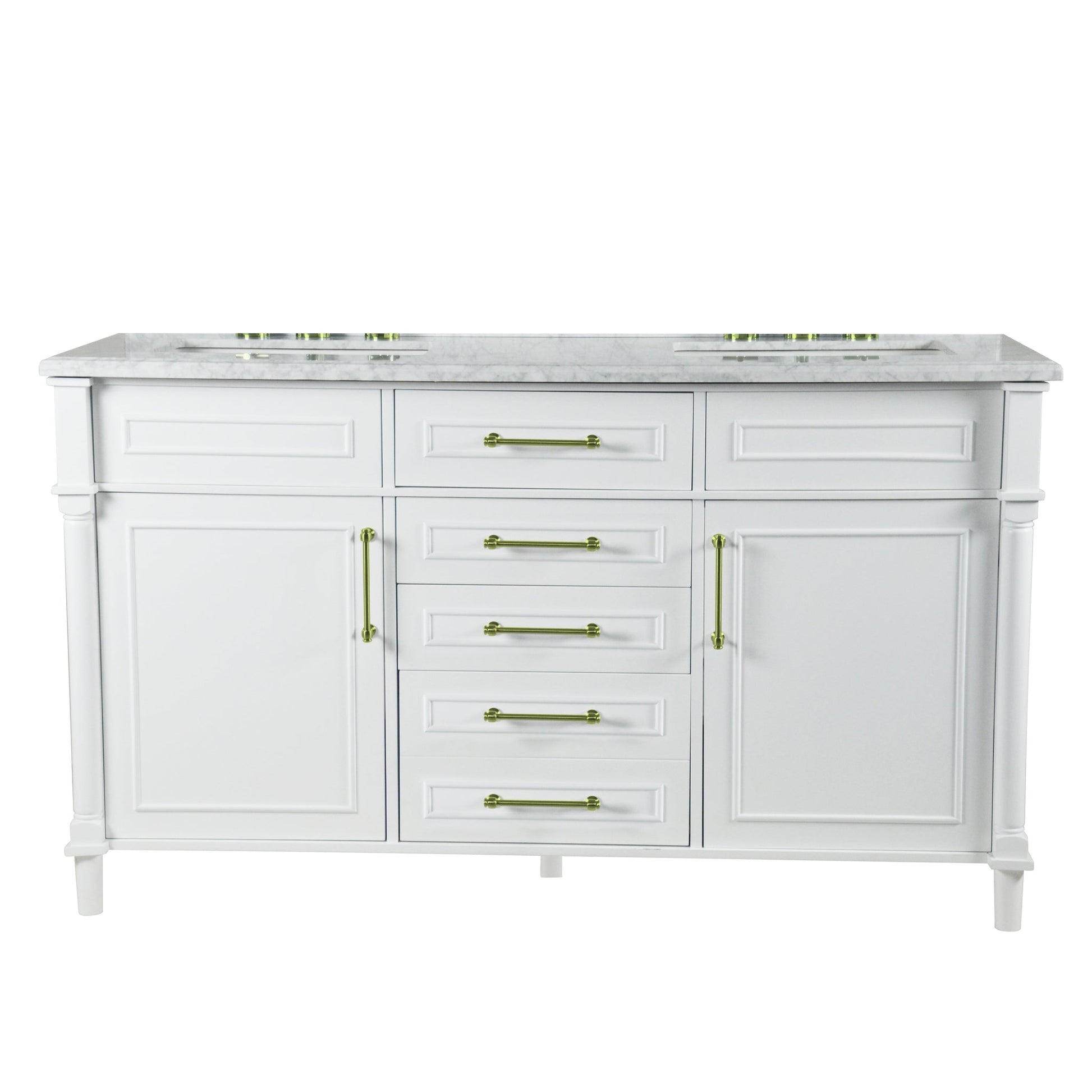 Bellaterra Home Napa 60" 2-Door 4-Drawer White Freestanding Vanity Set With Ceramic Undermount Rectangular Sink and White Carrara Marble Top, and Gold Hardware