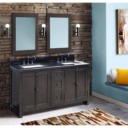 Bellaterra Home Plantation 55" 4-Door 3-Drawer Brown Ash Freestanding Vanity Set With Ceramic Double Undermount Rectangular Sink and Black Galaxy Granite Top