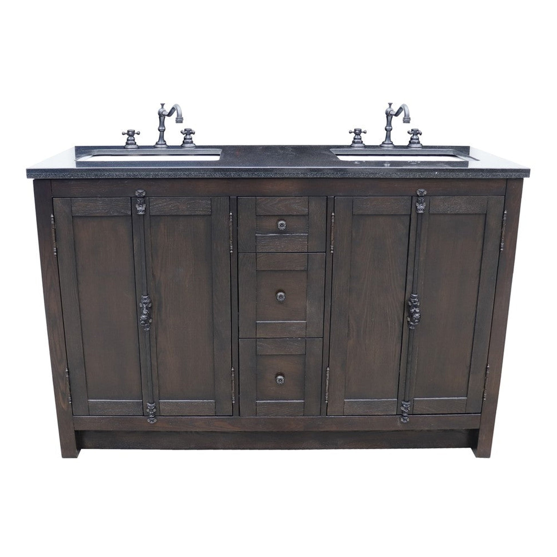 Bellaterra Home Plantation 55" 4-Door 3-Drawer Brown Ash Freestanding Vanity Set With Ceramic Double Undermount Rectangular Sink and Black Galaxy Granite Top