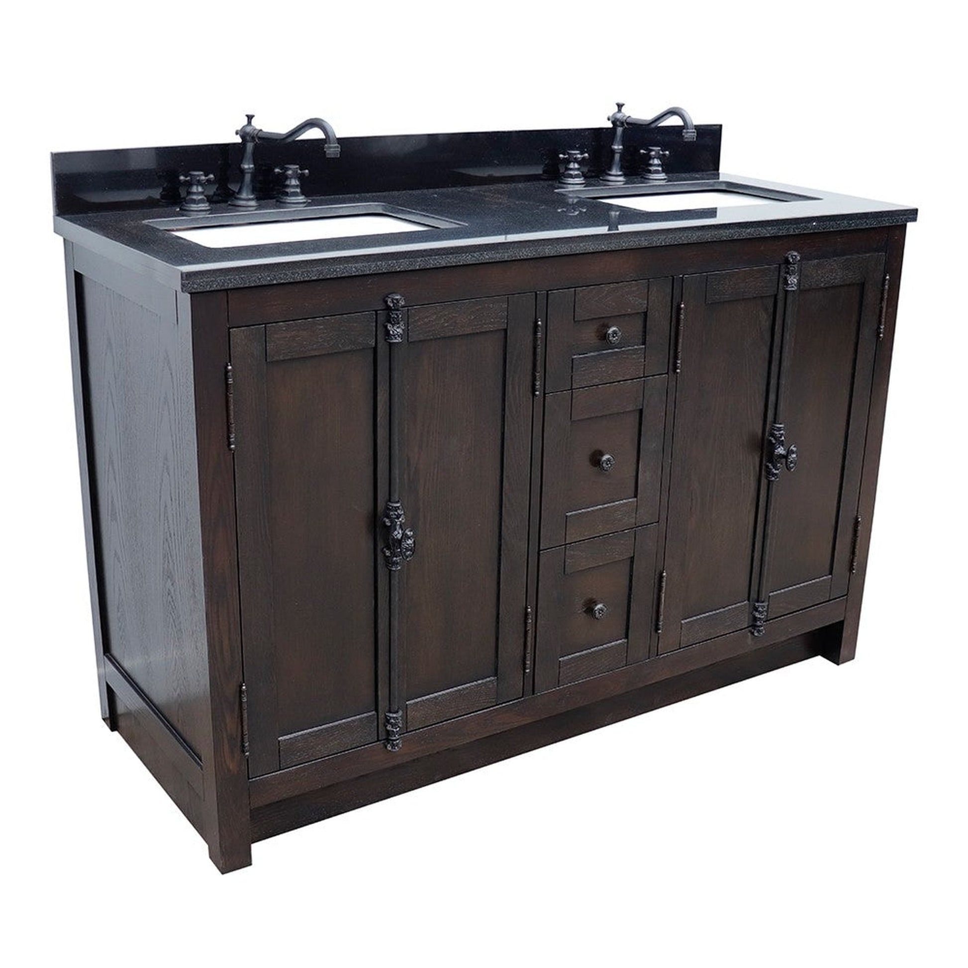 Bellaterra Home Plantation 55" 4-Door 3-Drawer Brown Ash Freestanding Vanity Set With Ceramic Double Undermount Rectangular Sink and Black Galaxy Granite Top