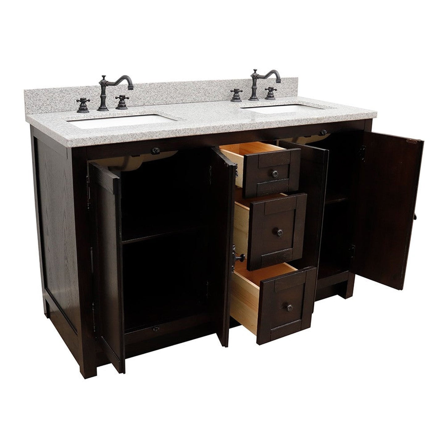 Bellaterra Home Plantation 55" 4-Door 3-Drawer Brown Ash Freestanding Vanity Set With Ceramic Double Undermount Rectangular Sink and Gray Granite Top