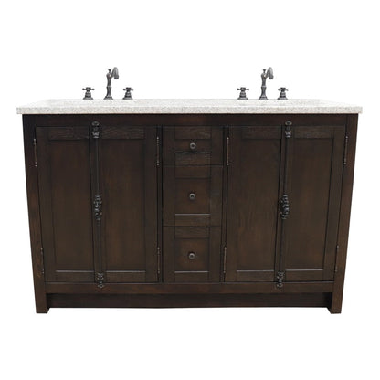 Bellaterra Home Plantation 55" 4-Door 3-Drawer Brown Ash Freestanding Vanity Set With Ceramic Double Undermount Rectangular Sink and Gray Granite Top