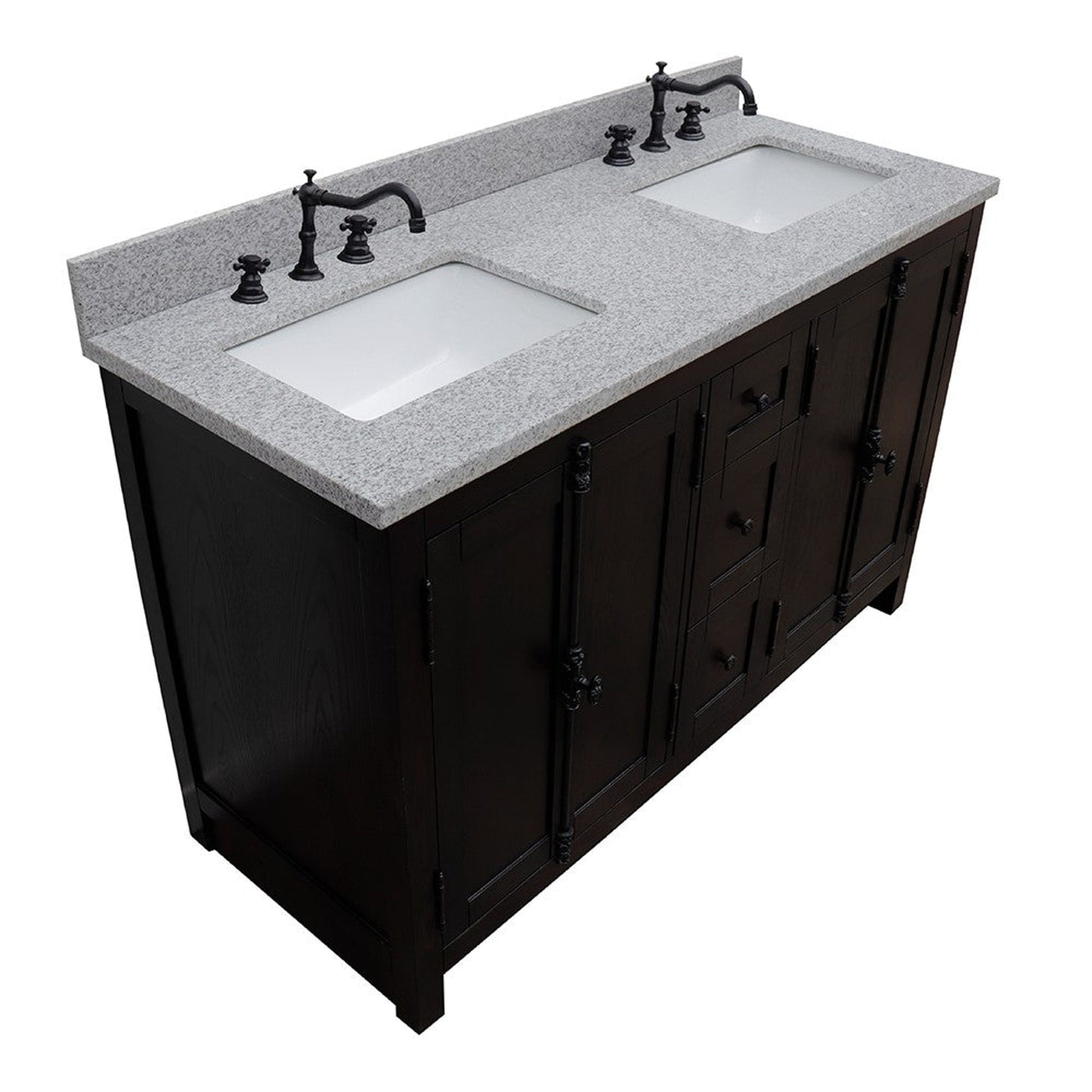 Bellaterra Home Plantation 55" 4-Door 3-Drawer Brown Ash Freestanding Vanity Set With Ceramic Double Undermount Rectangular Sink and Gray Granite Top