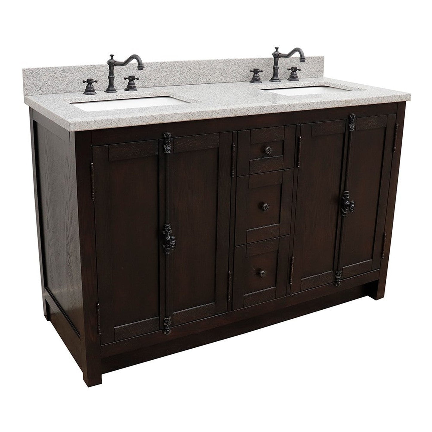 Bellaterra Home Plantation 55" 4-Door 3-Drawer Brown Ash Freestanding Vanity Set With Ceramic Double Undermount Rectangular Sink and Gray Granite Top