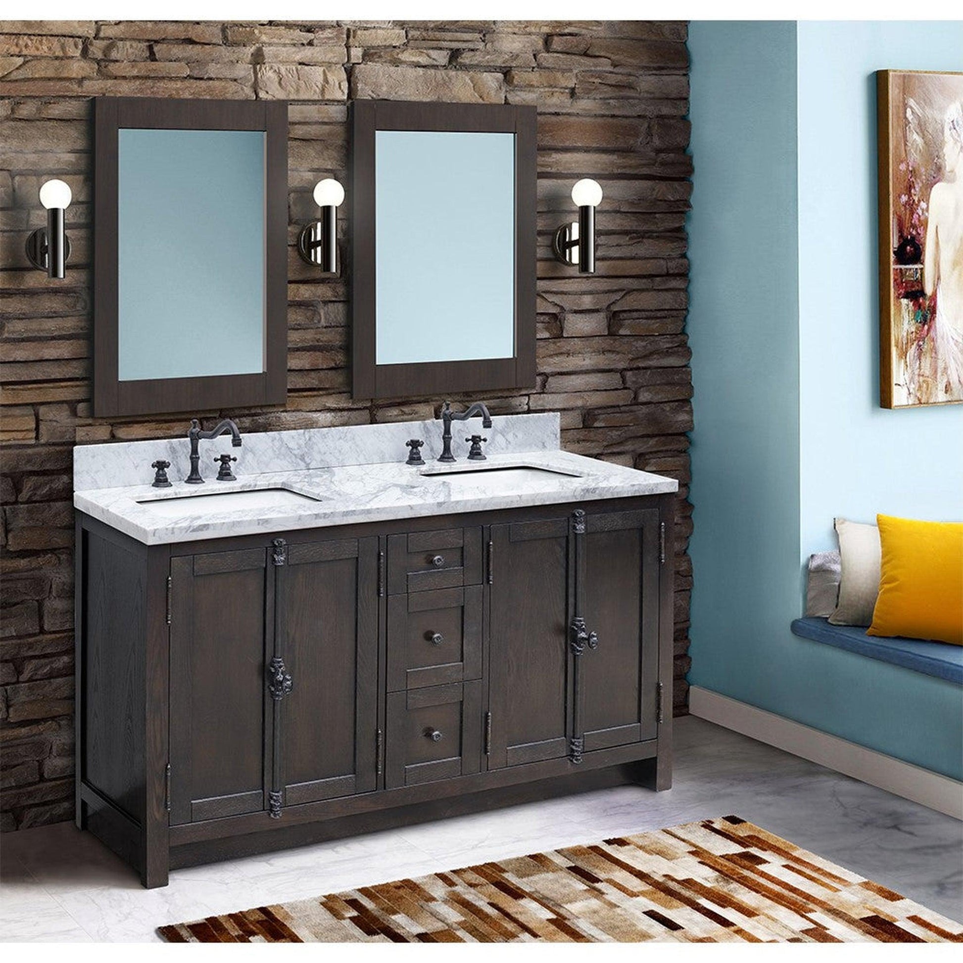 Bellaterra Home Plantation 55" 4-Door 3-Drawer Brown Ash Freestanding Vanity Set With Ceramic Double Undermount Rectangular Sink and White Carrara Marble Top