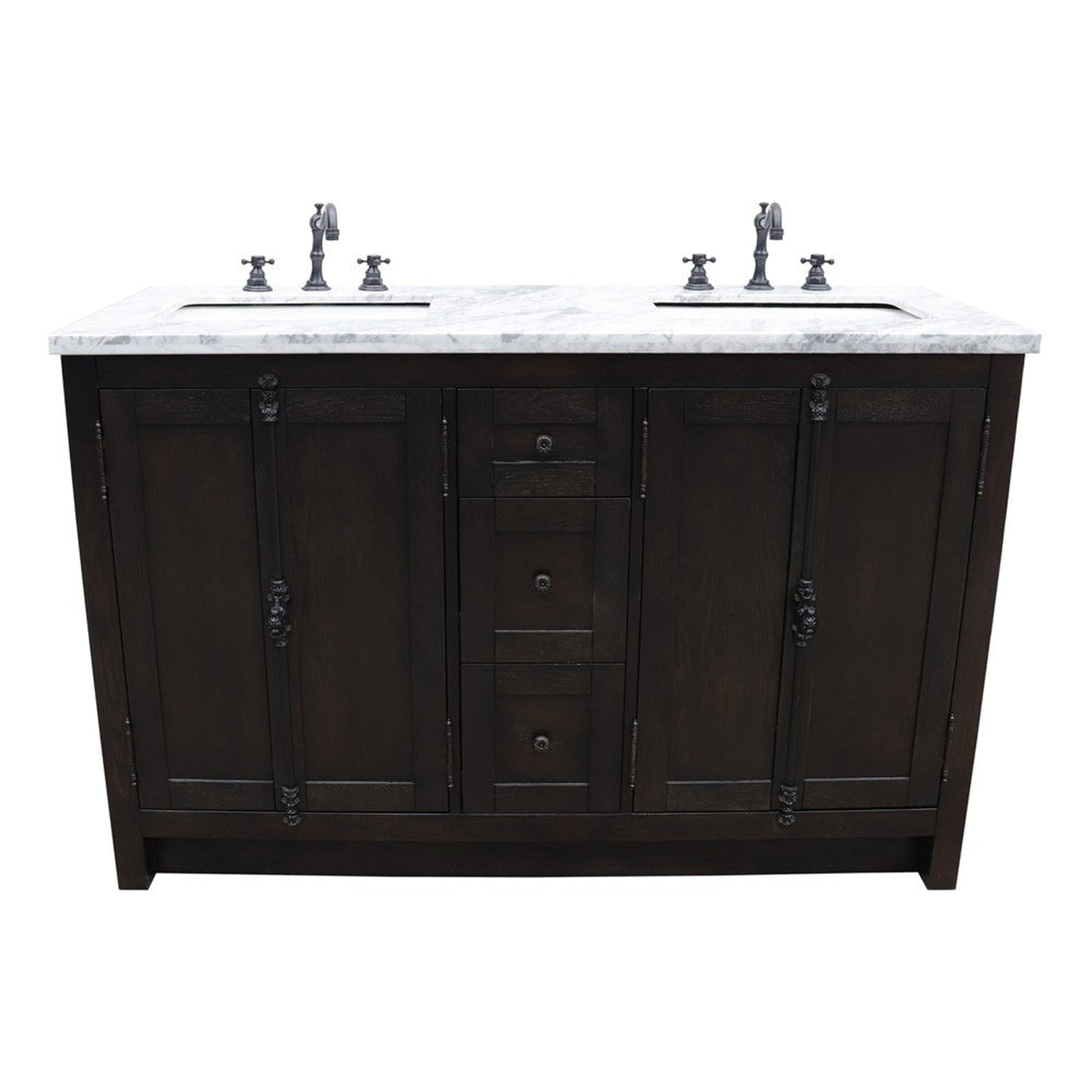 Bellaterra Home Plantation 55" 4-Door 3-Drawer Brown Ash Freestanding Vanity Set With Ceramic Double Undermount Rectangular Sink and White Carrara Marble Top