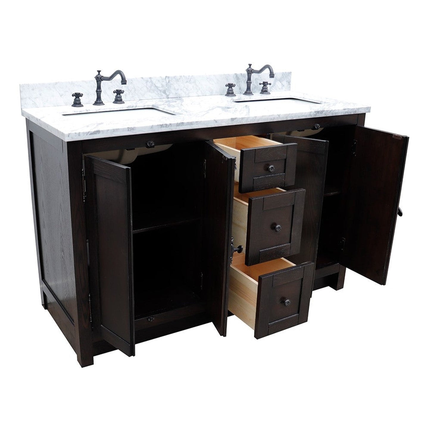 Bellaterra Home Plantation 55" 4-Door 3-Drawer Brown Ash Freestanding Vanity Set With Ceramic Double Undermount Rectangular Sink and White Carrara Marble Top