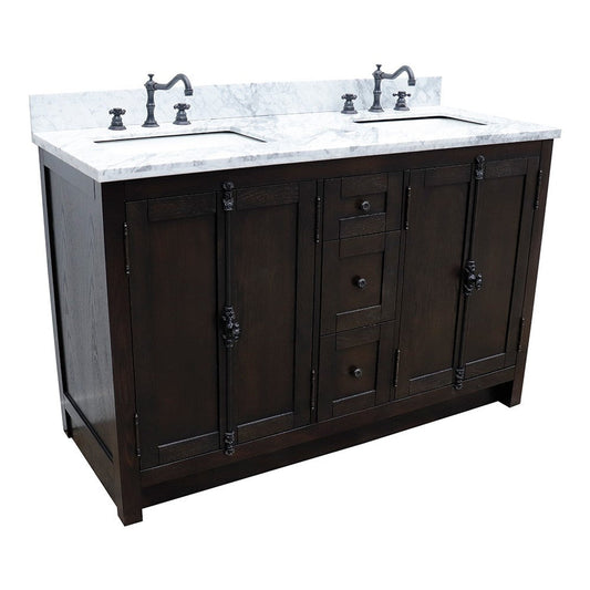 Bellaterra Home Plantation 55" 4-Door 3-Drawer Brown Ash Freestanding Vanity Set With Ceramic Double Undermount Rectangular Sink and White Carrara Marble Top