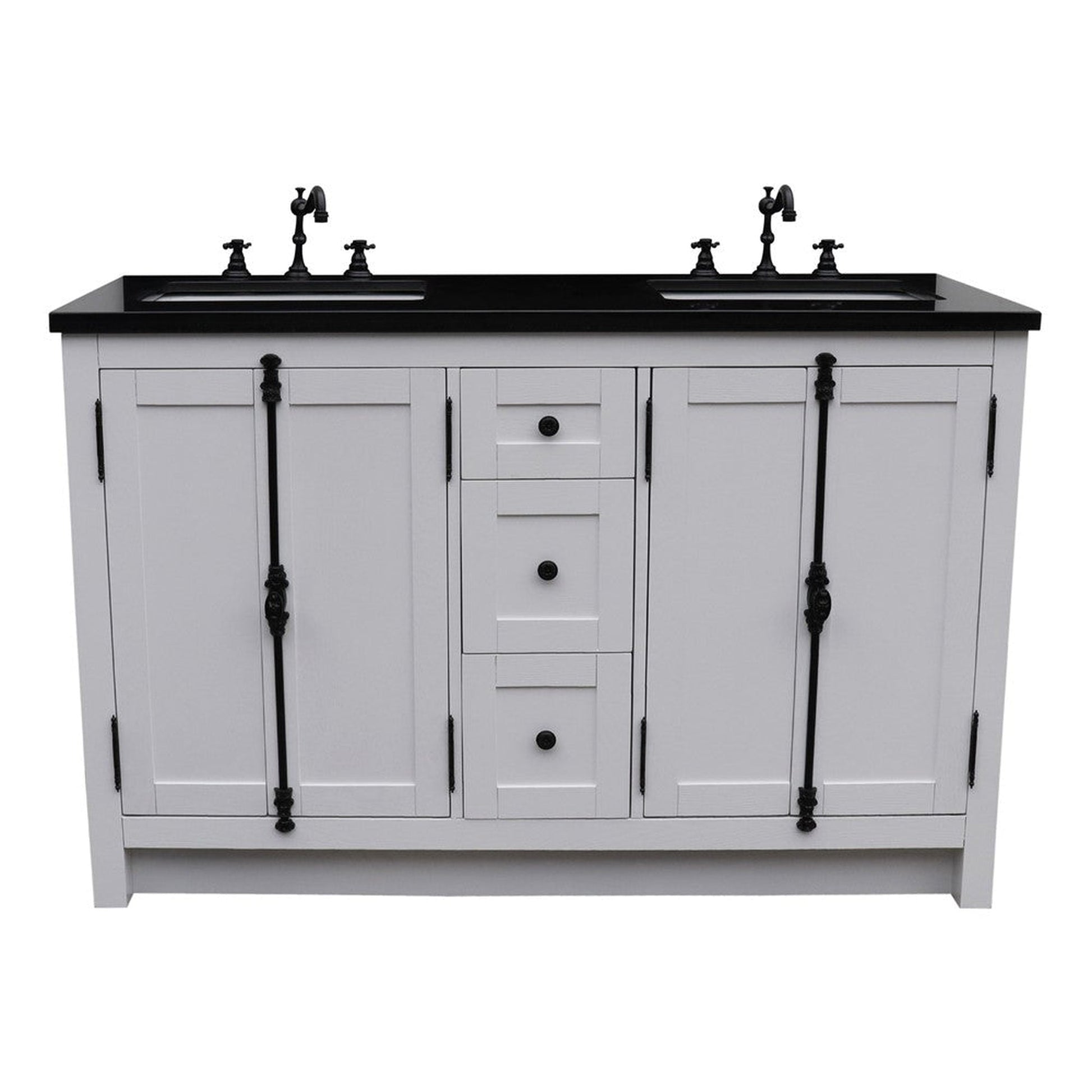 Bellaterra Home Plantation 55" 4-Door 3-Drawer Glacier Ash Freestanding Vanity Set With Ceramic Double Undermount Rectangular Sink and Black Galaxy Granite Top