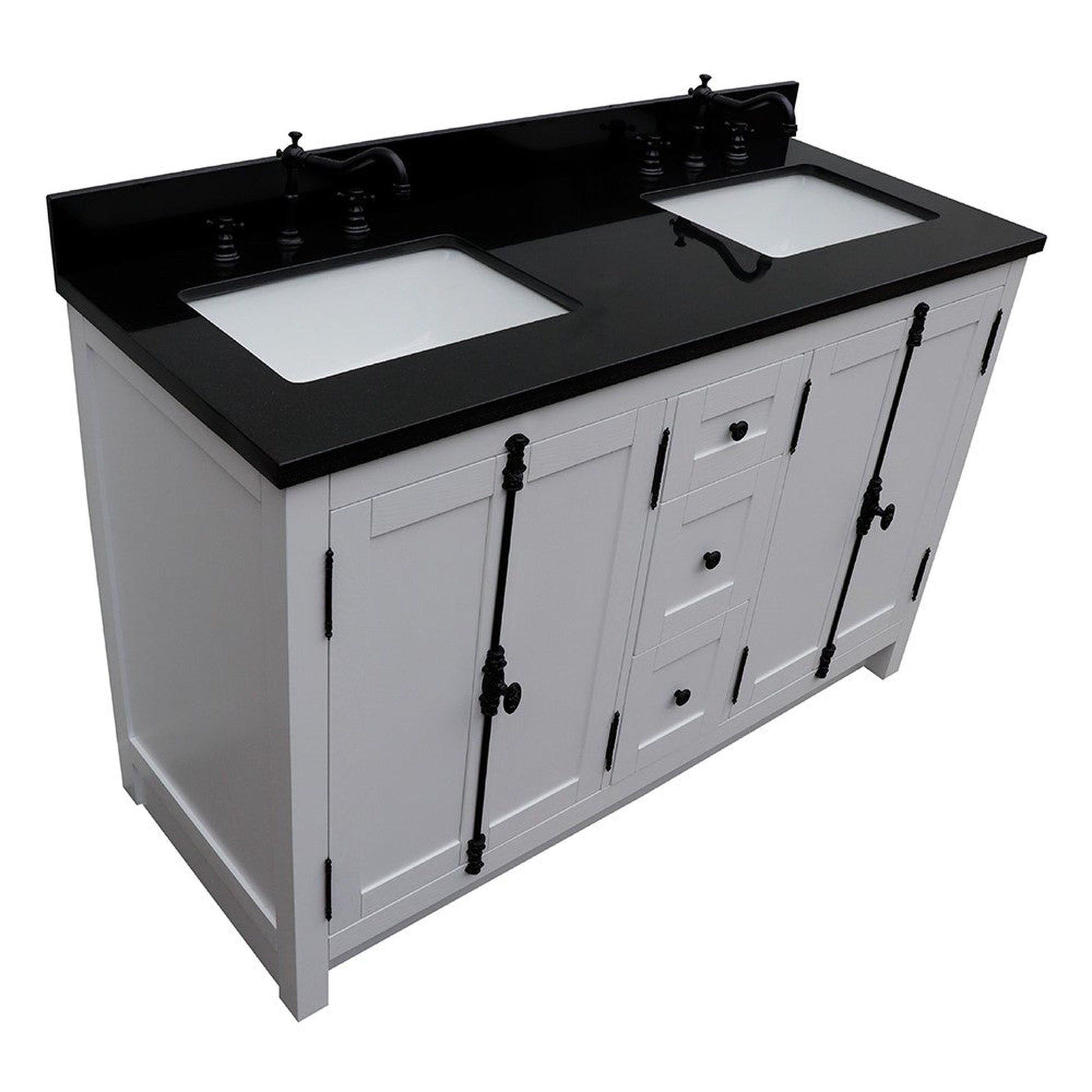 Bellaterra Home Plantation 55" 4-Door 3-Drawer Glacier Ash Freestanding Vanity Set With Ceramic Double Undermount Rectangular Sink and Black Galaxy Granite Top