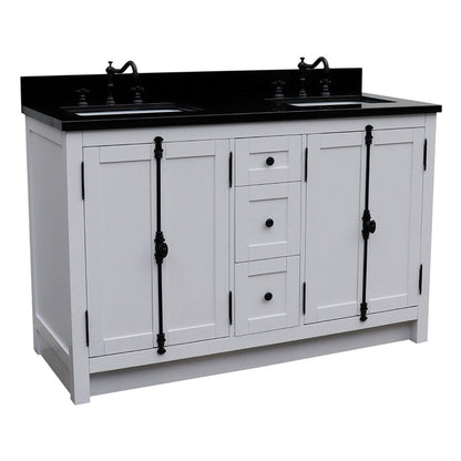 Bellaterra Home Plantation 55" 4-Door 3-Drawer Glacier Ash Freestanding Vanity Set With Ceramic Double Undermount Rectangular Sink and Black Galaxy Granite Top