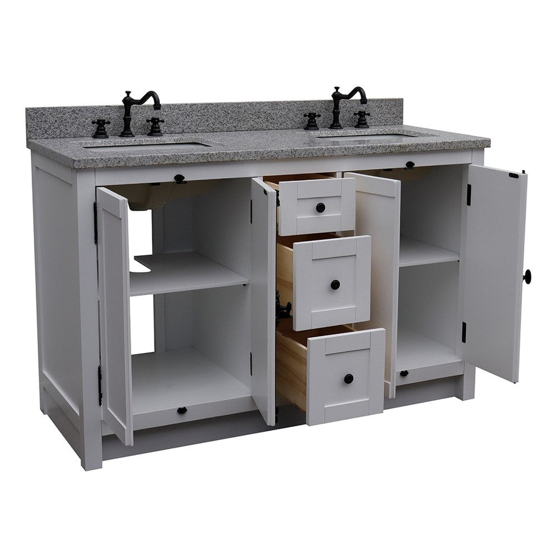 Bellaterra Home Plantation 55" 4-Door 3-Drawer Glacier Ash Freestanding Vanity Set With Ceramic Double Undermount Rectangular Sink and Gray Granite Top