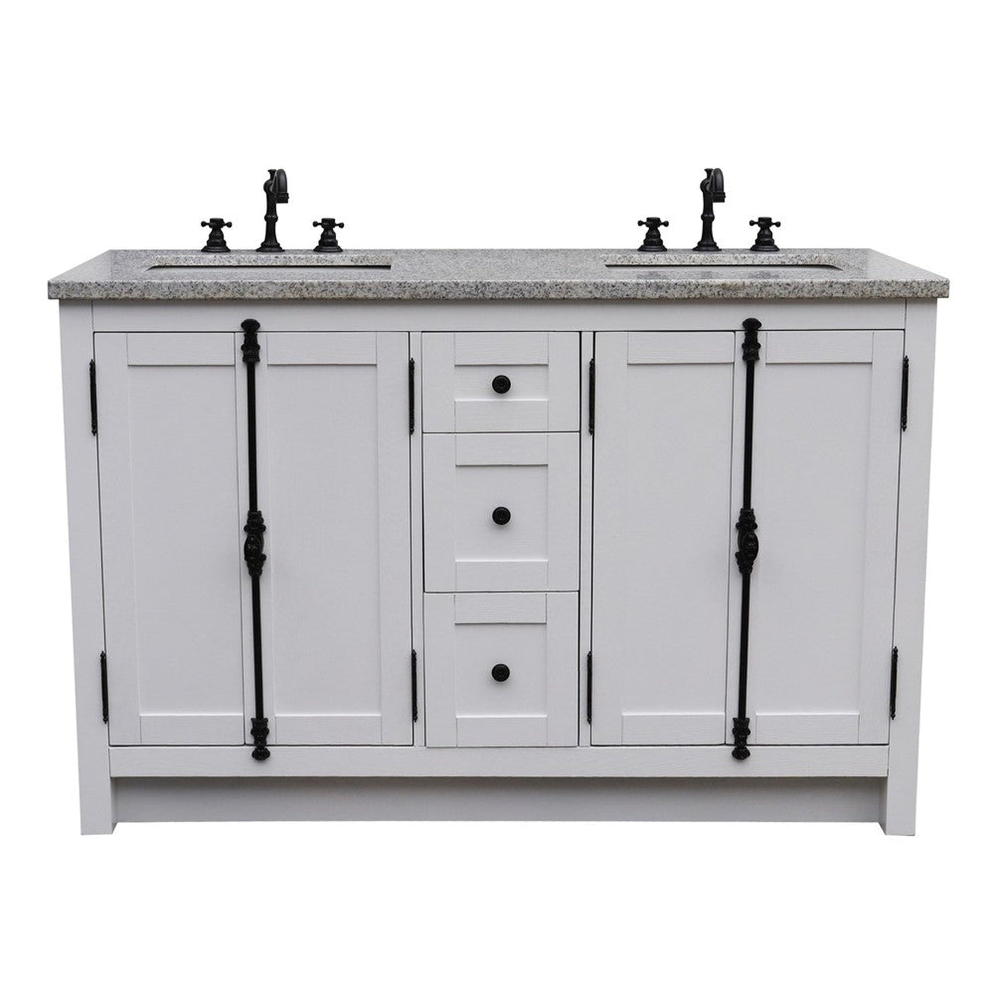 Bellaterra Home Plantation 55" 4-Door 3-Drawer Glacier Ash Freestanding Vanity Set With Ceramic Double Undermount Rectangular Sink and Gray Granite Top