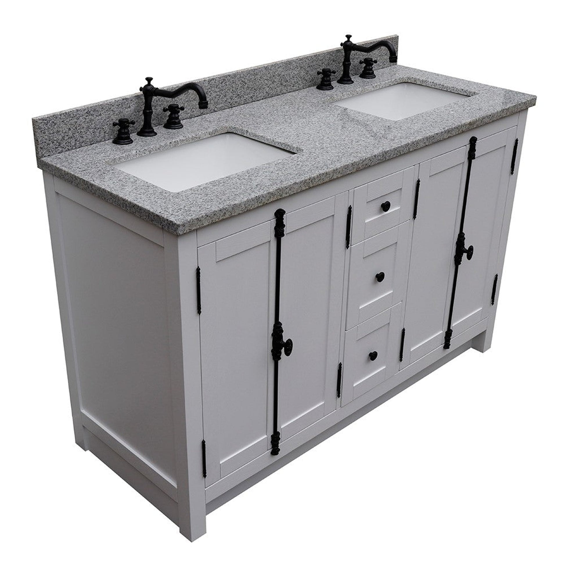 Bellaterra Home Plantation 55" 4-Door 3-Drawer Glacier Ash Freestanding Vanity Set With Ceramic Double Undermount Rectangular Sink and Gray Granite Top