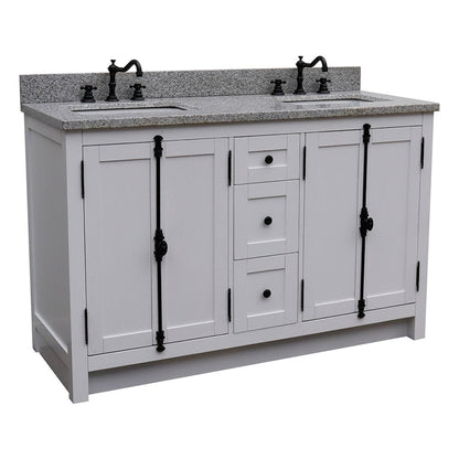 Bellaterra Home Plantation 55" 4-Door 3-Drawer Glacier Ash Freestanding Vanity Set With Ceramic Double Undermount Rectangular Sink and Gray Granite Top