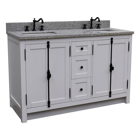 Bellaterra Home Plantation 55" 4-Door 3-Drawer Glacier Ash Freestanding Vanity Set With Ceramic Double Undermount Rectangular Sink and Gray Granite Top