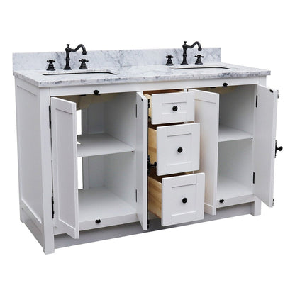 Bellaterra Home Plantation 55" 4-Door 3-Drawer Glacier Ash Freestanding Vanity Set With Ceramic Double Undermount Rectangular Sink and White Carrara Marble Top