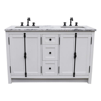 Bellaterra Home Plantation 55" 4-Door 3-Drawer Glacier Ash Freestanding Vanity Set With Ceramic Double Undermount Rectangular Sink and White Carrara Marble Top