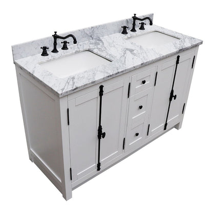 Bellaterra Home Plantation 55" 4-Door 3-Drawer Glacier Ash Freestanding Vanity Set With Ceramic Double Undermount Rectangular Sink and White Carrara Marble Top