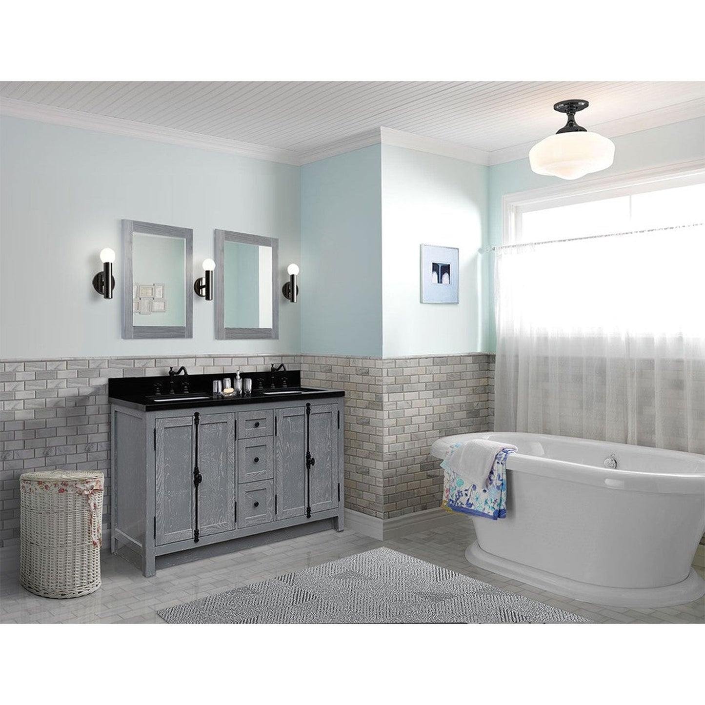 Bellaterra Home Plantation 55" 4-Door 3-Drawer Gray Ash Freestanding Vanity Set With Ceramic Double Undermount Rectangular Sink and Black Galaxy Granite Top