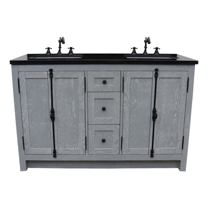 Bellaterra Home Plantation 55" 4-Door 3-Drawer Gray Ash Freestanding Vanity Set With Ceramic Double Undermount Rectangular Sink and Black Galaxy Granite Top