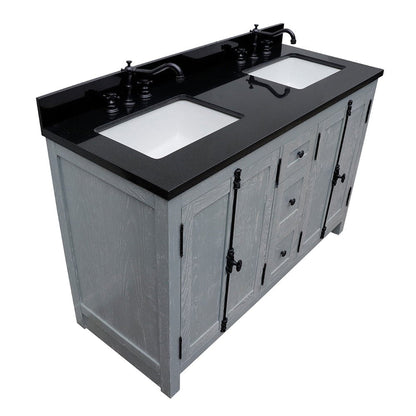 Bellaterra Home Plantation 55" 4-Door 3-Drawer Gray Ash Freestanding Vanity Set With Ceramic Double Undermount Rectangular Sink and Black Galaxy Granite Top