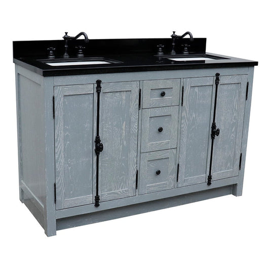 Bellaterra Home Plantation 55" 4-Door 3-Drawer Gray Ash Freestanding Vanity Set With Ceramic Double Undermount Rectangular Sink and Black Galaxy Granite Top